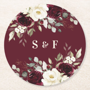 Florale elegante burgundergrüne Goldhochzeit Runder Pappuntersetzer