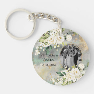 Florale Gold-Botanik-Cream-Foto-Namen-Hochzeit Schlüsselanhänger