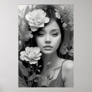 Florale Göttin in Schwarz und Weiß Poster