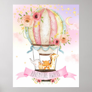 Florale Heißluftballon-Tiere-Abenteuer warten Poster