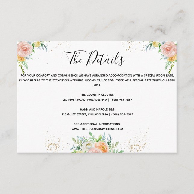 Florale Hochzeitsdetails Einlegen Karte Gold Abend (Vorderseite)