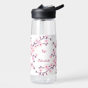 Florale Kirschblüte   Rosa Weißes Monogramm Trinkflasche