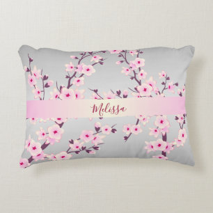 Florale Kirschblüten Ihr Name/Text Pink Grau Zierkissen