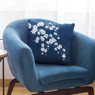 Florale Kirschblüten Navyblau Weiß Kissen