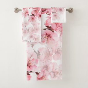 Florale Kirschblüten Rosa Weiß Badhandtuch Set
