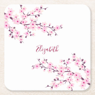 Florale Kirschblüten Rosa Weiß Monogramm  Rechteckiger Pappuntersetzer