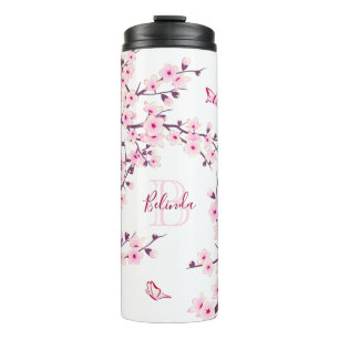 Florale Kirschblüten Rosa Weiß Name Monogramm Thermosbecher