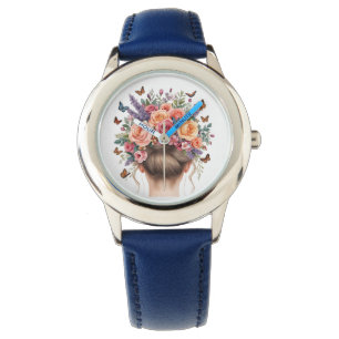 Florale Kronenfrau mit Rosen und Schmetterlingen W Armbanduhr