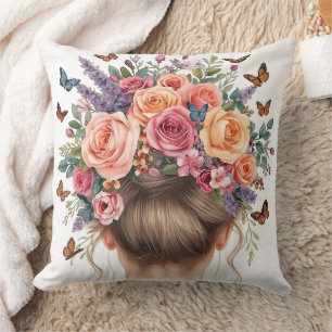 Florale Kronenfrau mit Rosen und Schmetterlingen W Kissen