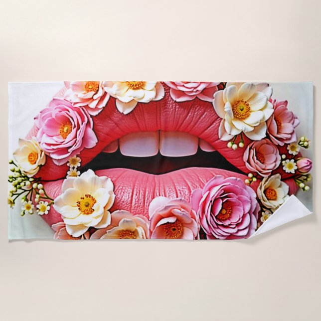 Florale Lippenkunst Strandtuch (Vorderseite)