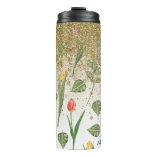*~* Florale, Mädchenhaft, Gelb, Rosa TULPEN, Gold Thermosbecher
