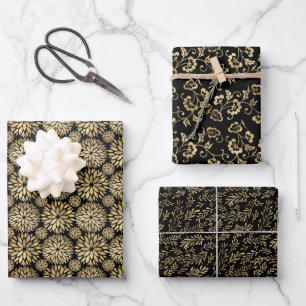 Florale Outdoor-Naturmuster Gold schwarz Stilvoll Geschenkpapier Set