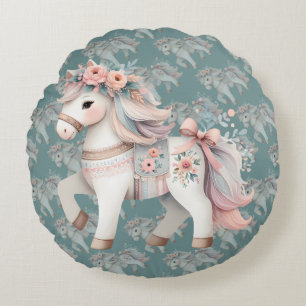 Florale Pastell-Pferd-Fantasy-Illustration Rundes Kissen