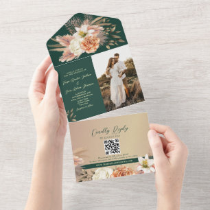 Florale Pfirsich Smaragdgrüne Hochzeit All In One Einladung