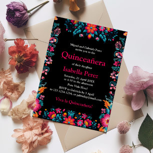 Florale Quinceanera Schwarze Mexikanische Fiesta G Einladung