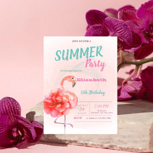 Florale rosa Flamingos Sommer-Geburtstagsfeier  Einladung