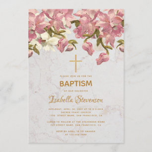 Florale rosa Orchideen Marmor Gold Kreuz Taufe Einladung