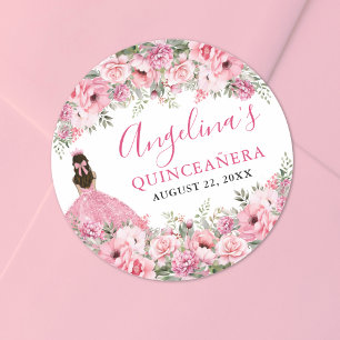 Florale Rosa Quinceanera Runder Aufkleber