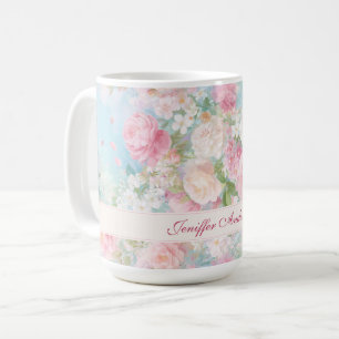 Florale rosa und weiße Rosen mit individuellem Nam Kaffeetasse