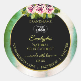 Florale Rose Aquamarines Logo für schwarze Marmorm Runder Aufkleber