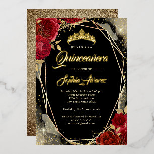 Florale Rose Rot Gold Schwarze Tiara Quinceanera Folieneinladung