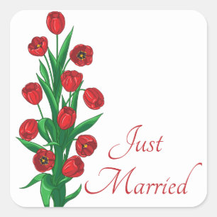 Florale rote Just Married Tulpen Hochzeitsblumen Quadratischer Aufkleber