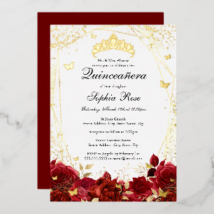 Florale Schmetterlings-Tiara Rot Gold Quinceanera Folieneinladung