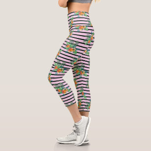 Florale schwarze und rosa Streifen Capri Leggings