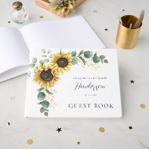 Florale Sonnenblumen-Eukalyptus-Schrift Hochzeit Gästebuch