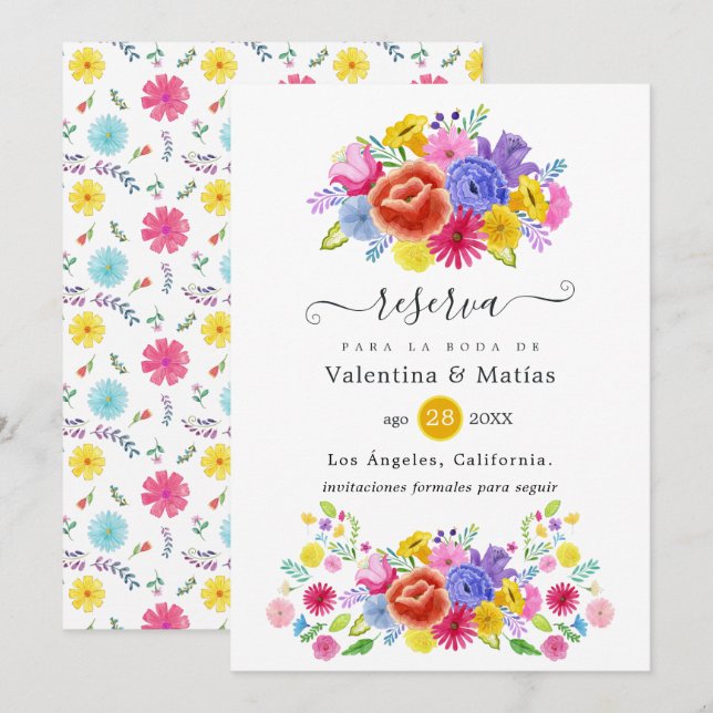 Florale spanische Fiesta-Hochzeit Save The Date (Vorne/Hinten)