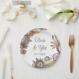 Florale Steampunk-Hochzeitsdatum und Namen Pappteller