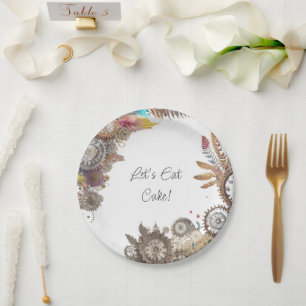 Florale Steampunk-Hochzeitsdatum und Namen Pappteller