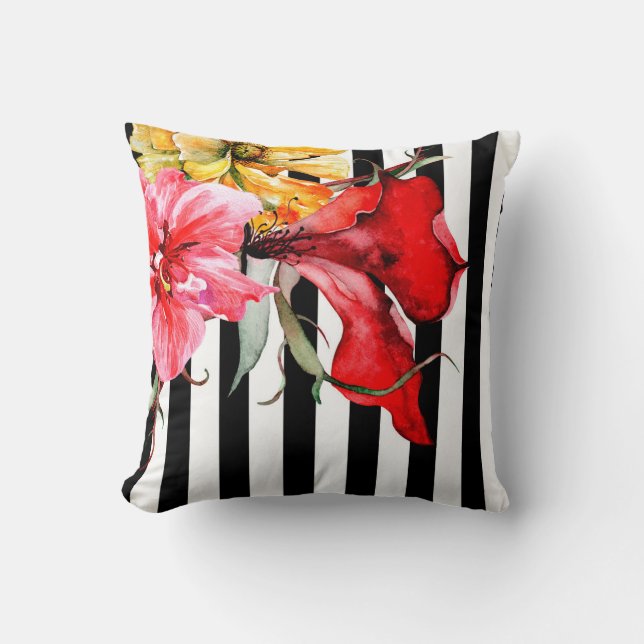 Florale Streifen - Flora Botanica | Schwarz/Weiß Kissen (Vorderseite)