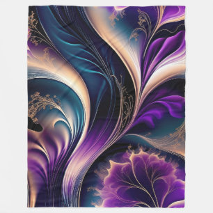 Florale Symphonie - Tiefes Violett und Gold Abstra Fleecedecke