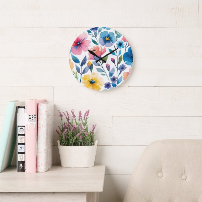 Florale Wand-Uhr im Wasserfarbenstil Große Wanduhr (Lesesaal)