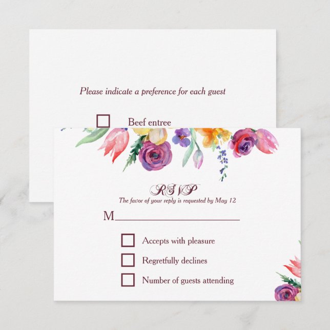 Florale Wasserfarbe auf weißem UAWG und Menü RSVP Karte (Vorne/Hinten)