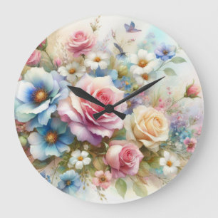 Florale Wasserfarbe in sanften Pastellfarben Große Wanduhr
