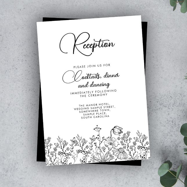 Florale Wildblume Schwarz-weiß Hochzeitsempfang Begleitkarte (Von Creator hochgeladen)