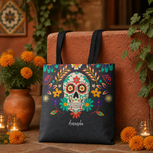 Florale Zucker-Schädel-Tag-der-Toten-Schwarz Tasche