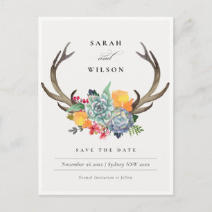 FLORALER ERFOLG ANTLER SAVE THE DATE BOHEMISCH POSTKARTE