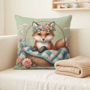 Floraler Fuchs im Korb mit Quilt und Blumen Kissen