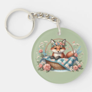 Floraler Fuchs im Korb mit Quilt und Blumen Schlüsselanhänger