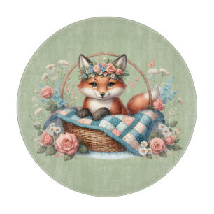 Floraler Fuchs im Korb mit Quilt und Blumen Schneidebrett