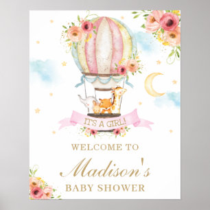 Floraler Heißluftballon-Baby Shower Tiere Willkomm Poster