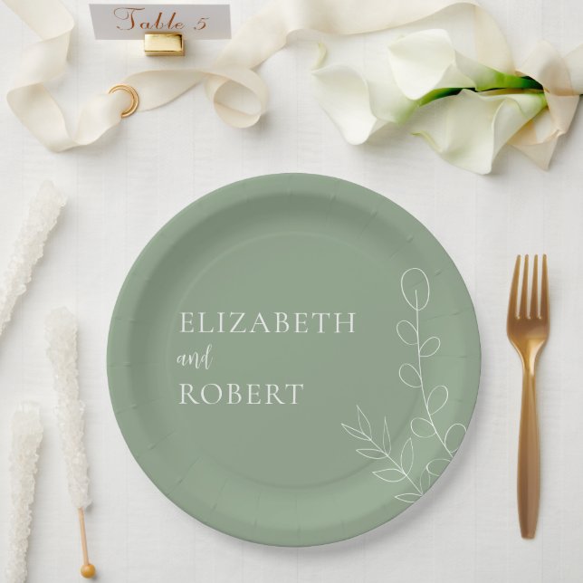 Floraler Salbei-Hochzeitsschriftzug Elegant Minima Pappteller (Hochzeit)