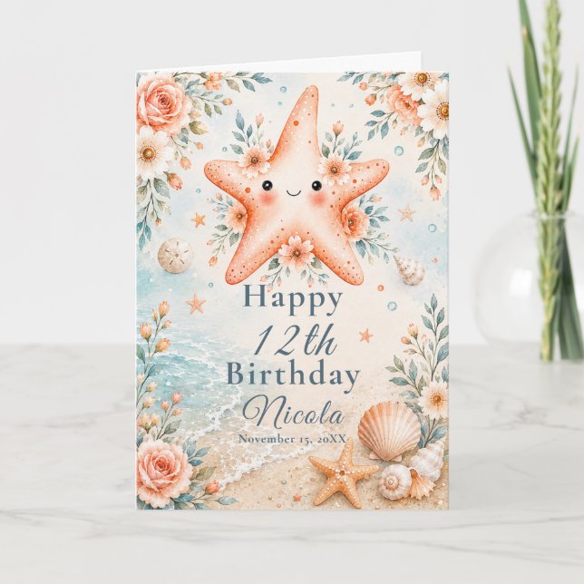 Floraler Seestern-Geburtstag Karte (Vorderseite)