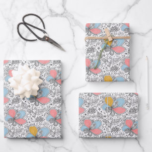 Florales abstraktes Doodle-Kunststil Rosa Blau Gel Geschenkpapier Set