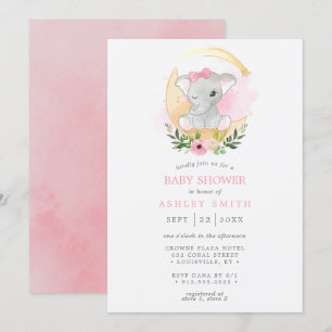 Florales Aquarell-Elefanten-Mond-Mädchen-Baby-Part Einladung