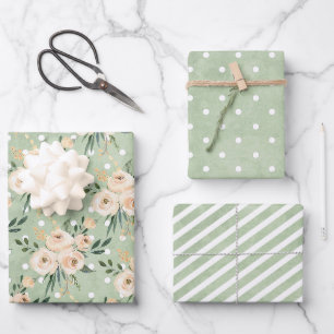 Florales Beige-Rot auf grüner Hochzeit Geschenkpapier Set