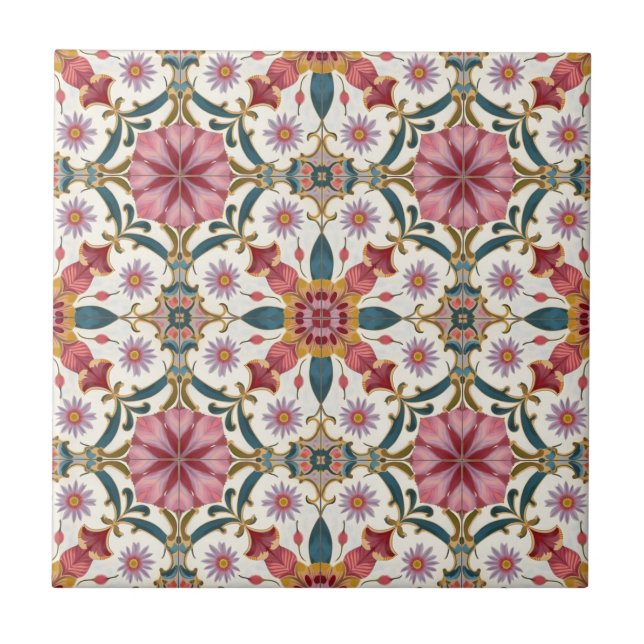 Florales Boho-Muster in Rot, Pink & Türkis Fliese (Vorderseite)